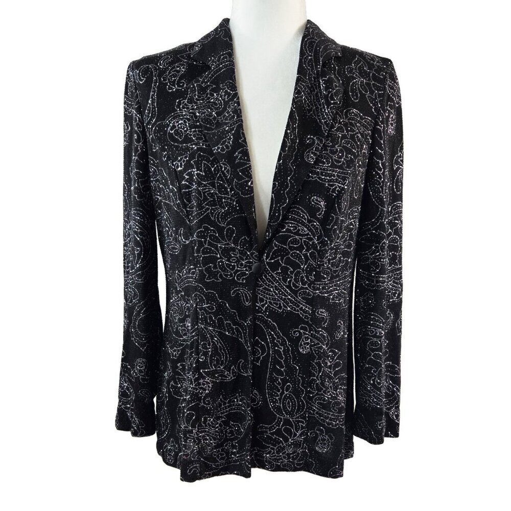 Alex Evenings Black Floral Paisley Metallic Shimmer One Button Jacket Party